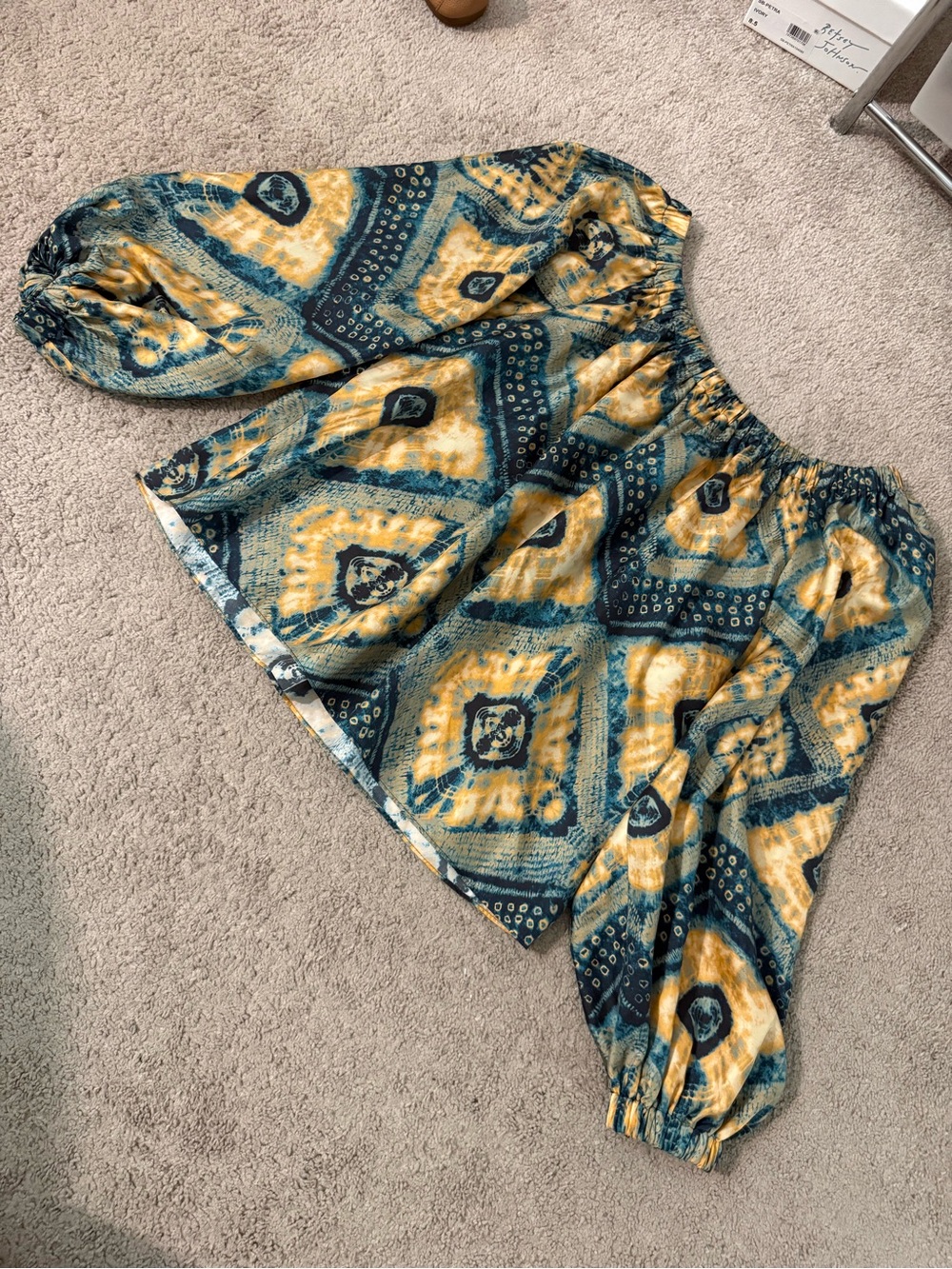 Lula Johnson Women’s Silk Off-Shoulder Peasant Top in Teal and Mustard